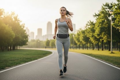 Woman running on a path with trees and city skyline in the background using a waist bag water resistent from Farivive 