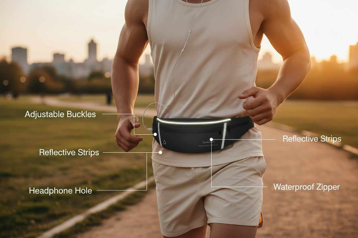 Person wearing a black waist bag spld by Farivive with labeled features on a path during sunset.