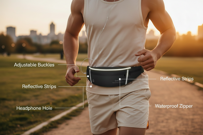 Person wearing a black waist bag spld by Farivive with labeled features on a path during sunset.
