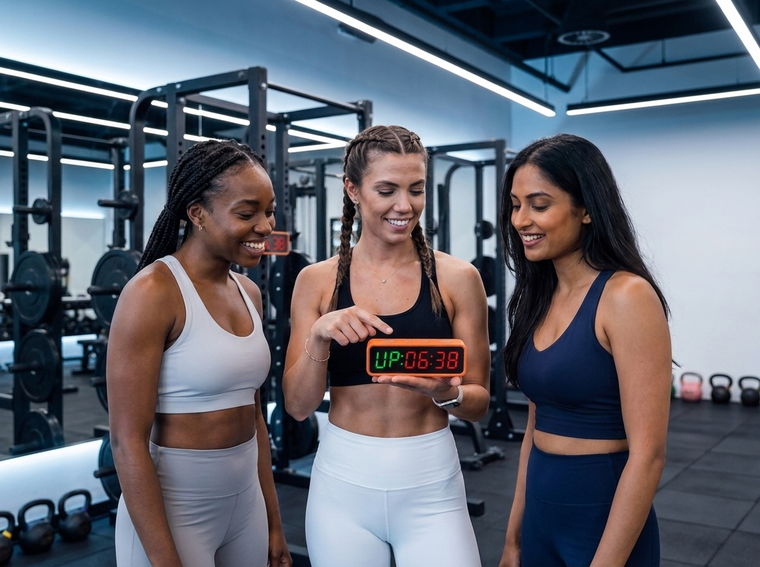 Three women in a gym setting looking at a Farivive digital timer.