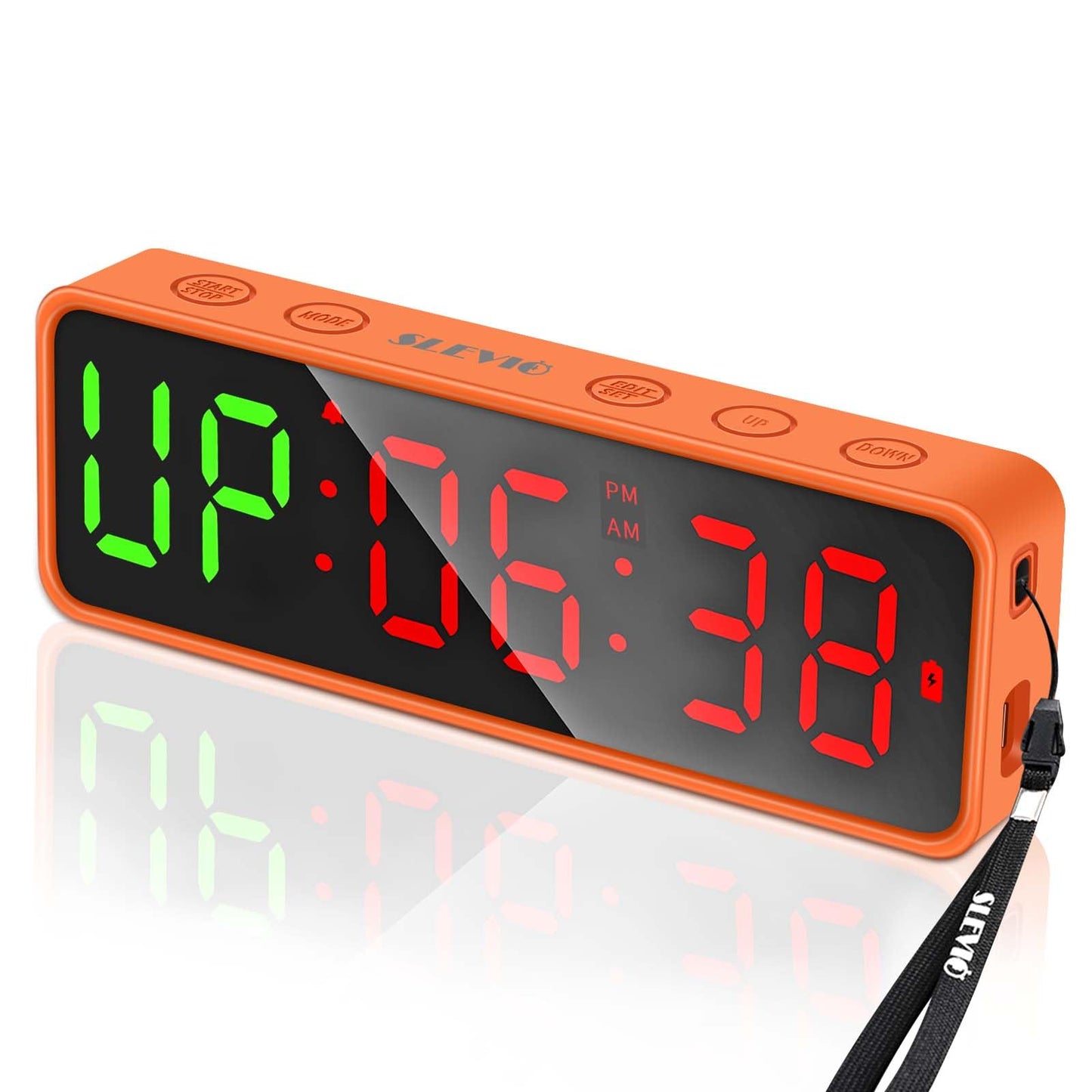 Orange digital clock with large LED display on a white background with magnet back for gym, schools, hiit training and workplace sold by Farivive