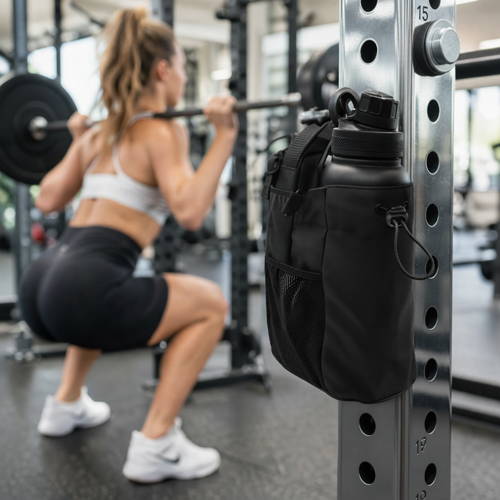Woman squatting with a barbell in a gym, with a magnetic black water bottle holder metal on a rack.