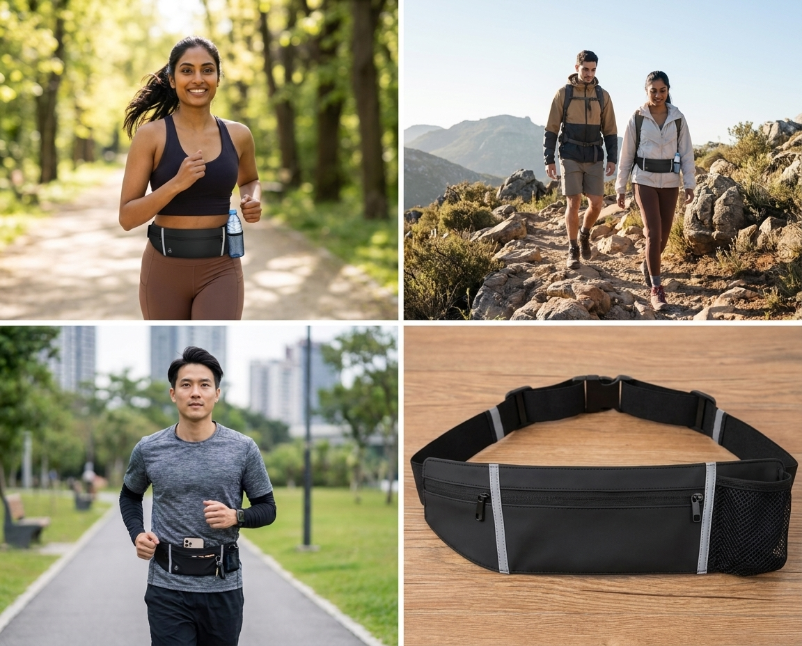 Collage of people using Farivive waist bags outdoors with a close-up of a black waist bag on a wooden surface.