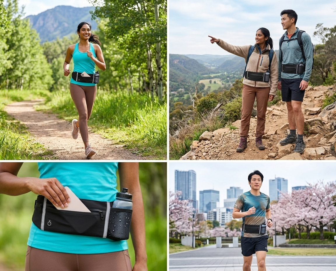 Collage of people using Farivive waist bags in various settings: running, hiking, city street, and cherry blossoms.