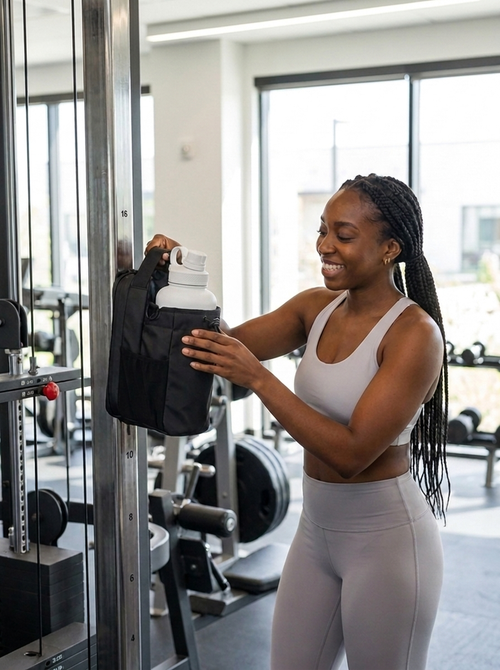 Woman in a gym holding a Farivive Magnetic black bag and water bottle holder plus phone storage