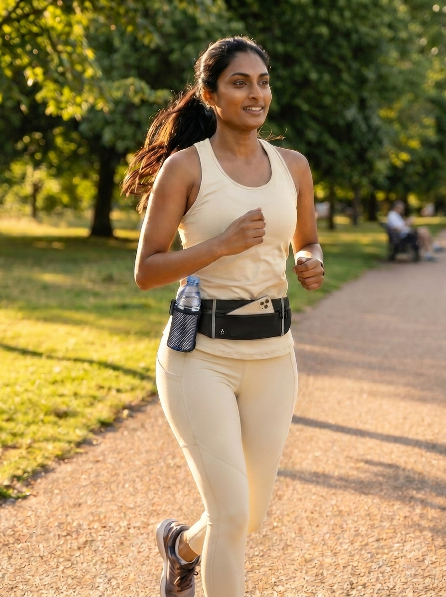 Woman running on a path in a park wearing Farivive running and hiking waist bag