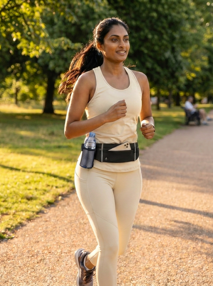 Woman running on a path in a park wearing Farivive running and hiking waist bag