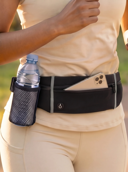 Person wearing a black Farivive waist bag with a water bottle holder and phone case.