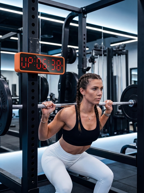Woman performing squats with a barbell in a gym setting, with a Farivive digital timer displaying '06:38'.